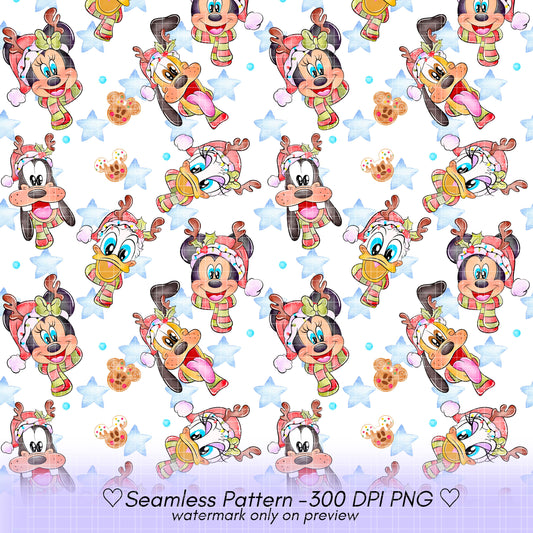 Watercolour Mouse & Pals Christmas Heads Seamless Pattern