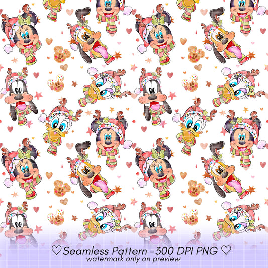 Watercolour Mouse & Pals Christmas Heads Seamless Pattern