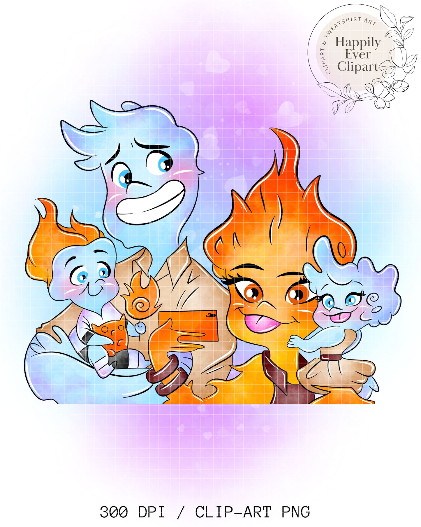 Watercolour Water Flames Family Clipart