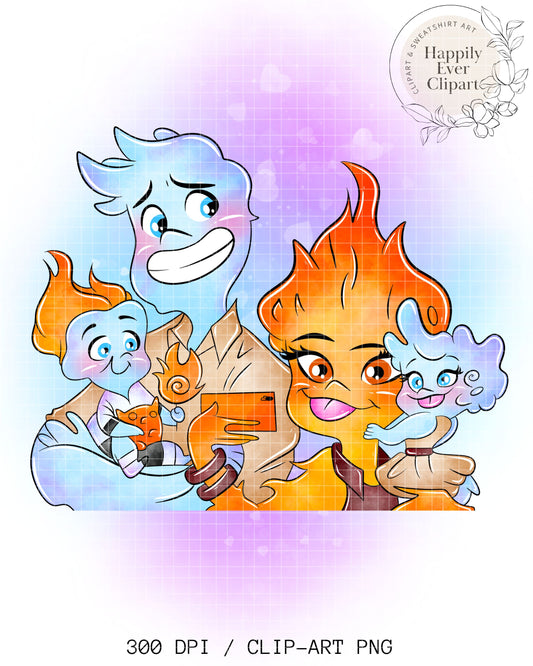 Watercolour Water Flames Family Clipart