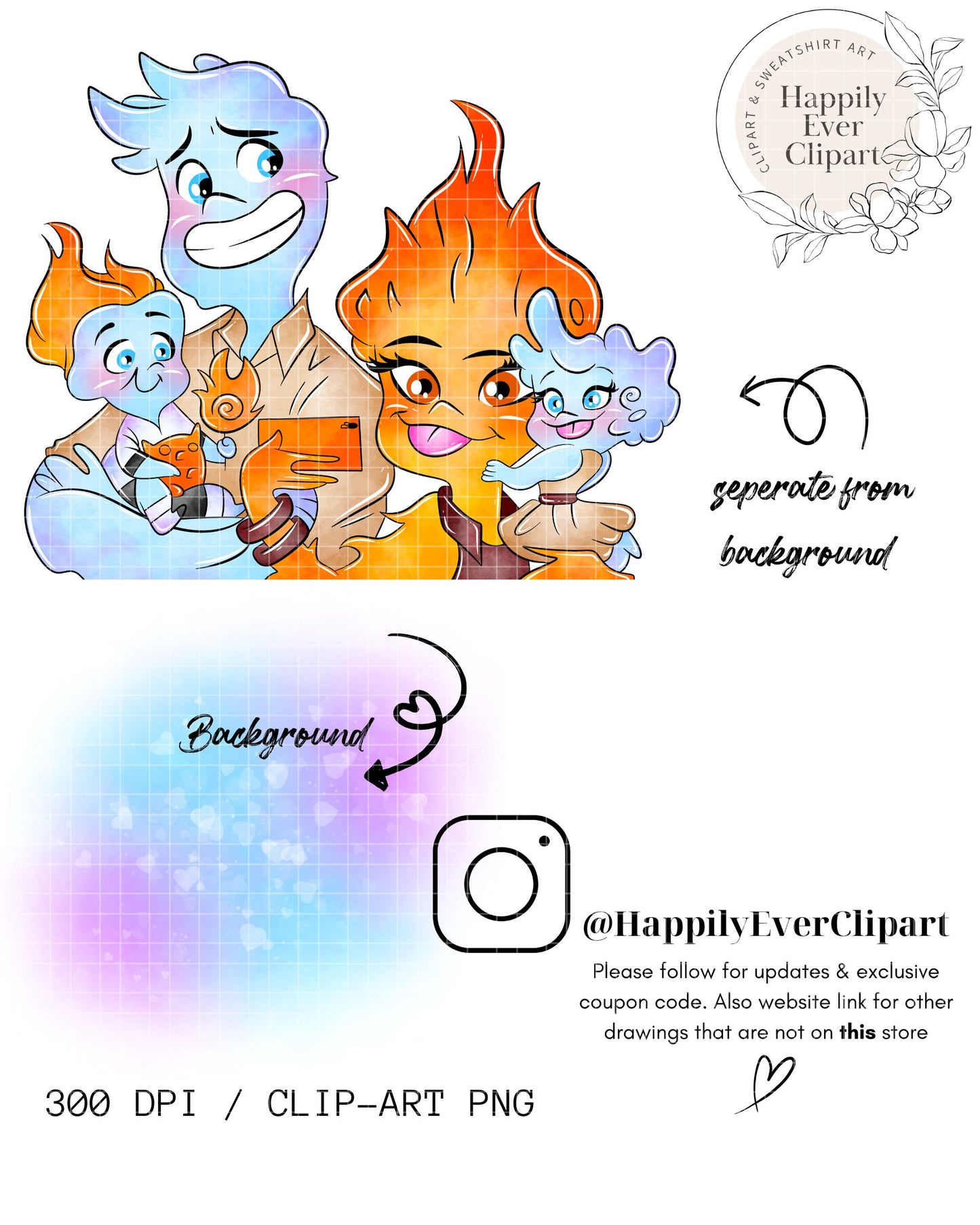 Watercolour Water Flames Family Clipart