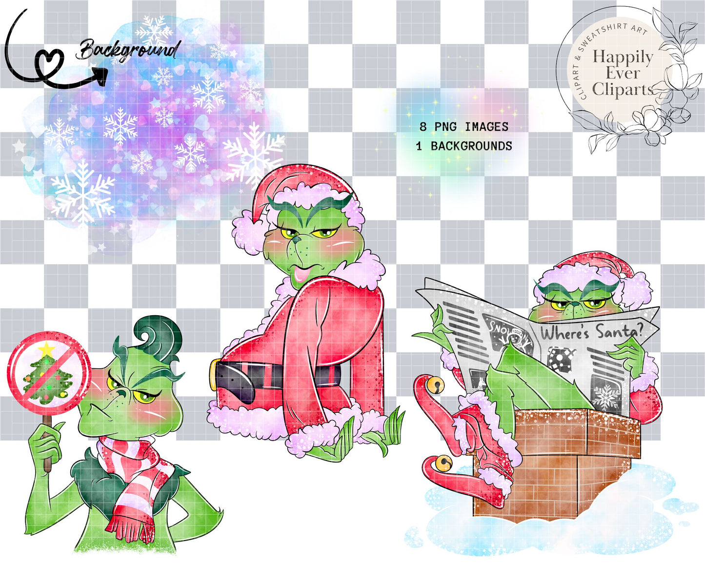 Watercolour Green Mean One Christmas Clipart Set