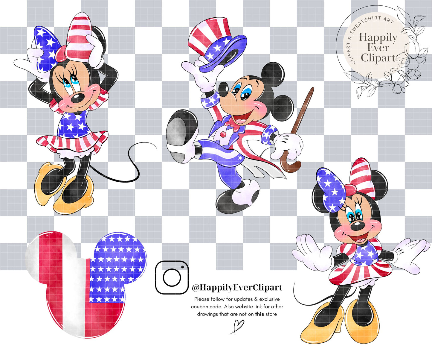 Watercolour Mouse USA 4th July Clipart Set