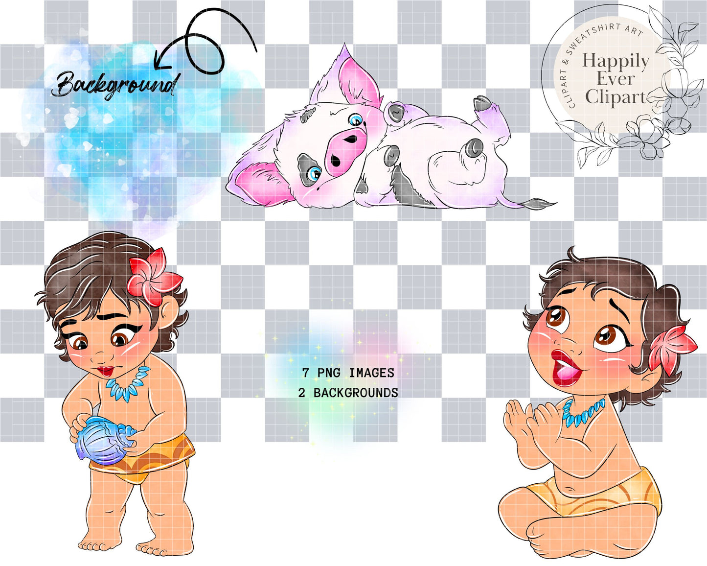 Watercolour Moana Clipart Set Cute